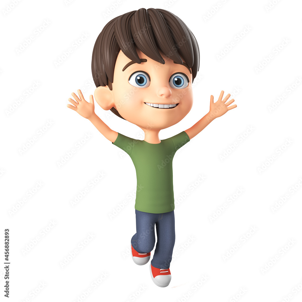 Cheerful cartoon character of a little boy in a green T-shirt jumping on a white background. 3D rendering. Children's illustration.