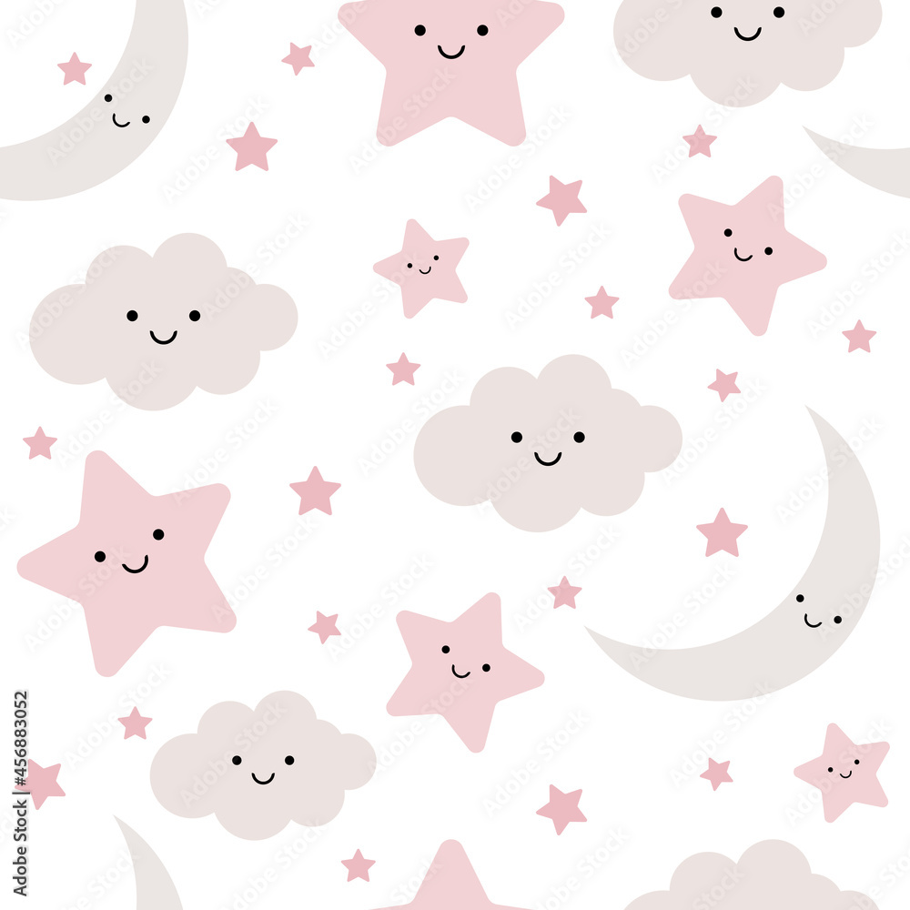 Seamless pattern cute baby shower clouds, stars and moon with faces