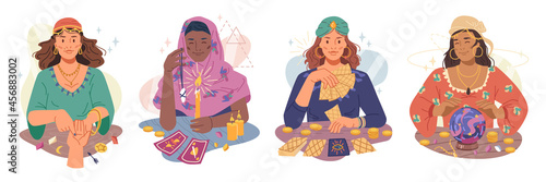 Fortune tellers set isolated flat cartoon women guessing on hand and magic ball, telling on stone and tarot cards. Supernatural paranormal sorcerer, soothsayer mystic medium girls, destiny predicting