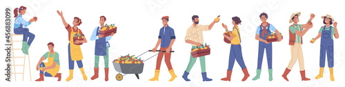 Set of people gathering harvest of apples isolated flat cartoon characters. Vector man and woman with baskets full of autumn crop, farmers in boots. Ladder and trolley cart, gardening