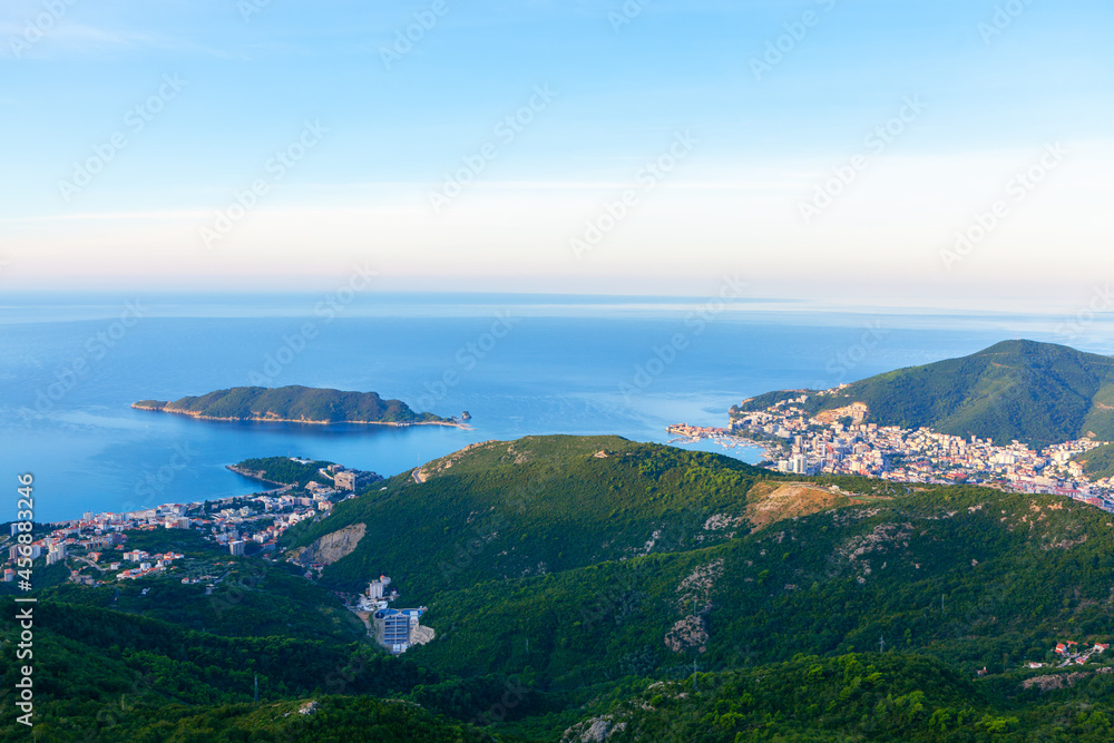 Panorama of Budva and Sveti Nikola Island in Montenegro . Aerial view of coastal town 