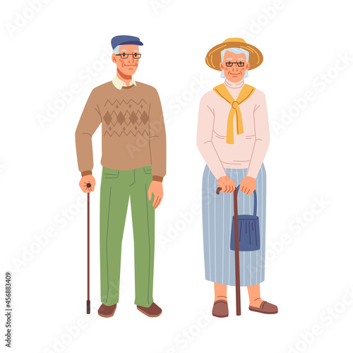 Happy old people, grandmother and grandfather, retired pensioners with sticks isolated flat cartoon characters. Vector mature couple, elderly age man and woman standing at full length, grandparents