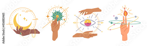 Esoteric, magic hands sign symbols created by gestures. Vector mystical goddess hands,evil eye, celestial symbols of moon phase. Esoteric, spiritual, wicca occult inspired magician mystical arms
