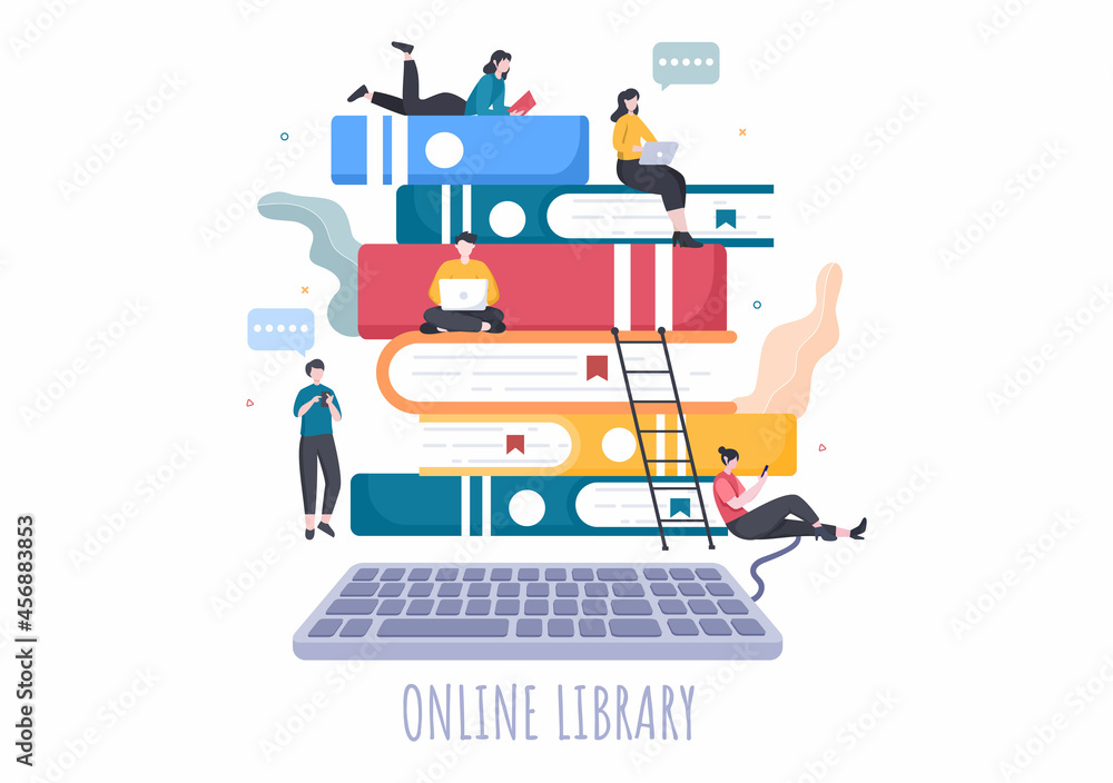 Obraz premium Online Library Digital Education Background with Distance Learning, Recorded Classes, Video Tutorial to Gain Knowledge. Flat Design Vector Illustration