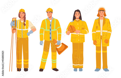Job professions of surveyor engineer with theodolite and firefighter, road services professional workers isolated women and men flat cartoon characters. Vector construction site builder in helmet