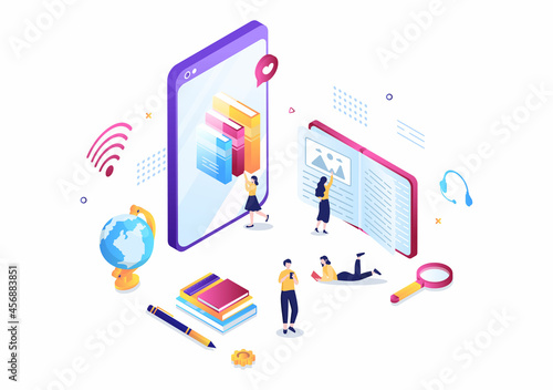 Online Library Digital Education Background with Distance Learning, Recorded Classes, Video Tutorial to Gain Knowledge. Flat Design Vector Illustration