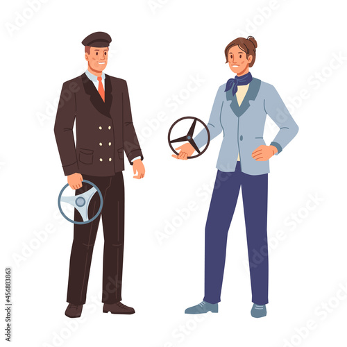 Drivers, working profession of man and woman isolated cartoon characters. Vector taxi cab, school bus or tram driver, courier with wheel. Chauffeur in uniform set, driver people on road illustration