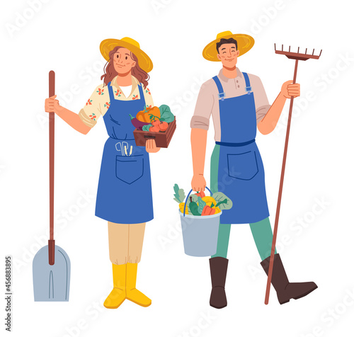 Farmer gardener man woman profession occupation isolated flat cartoon characters. Vector agriculture, farm and garden workers in aprons, with harvest in hands and gardening equipment spade and rake photo