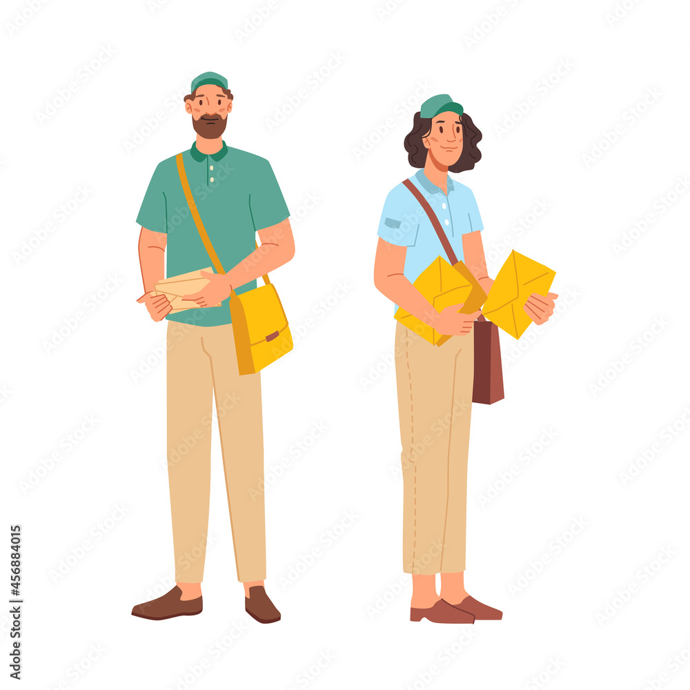 Postman or mailman letter-carrier isolated flat cartoon characters man and woman in uniform. Vector postie job professional, courier or deliveryman with bag and paper parcels, post office workers