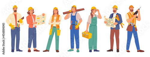 Workers professions isolated flat cartoon people set. Vector builders and architects, repairman and engineers, women and men industrial worker in uniform. Project managers, and employees in helmets photo