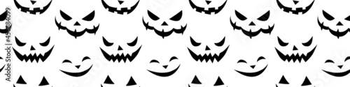 Seamless pattern of smiling faces ghosts in flat style. Vector Halloween's texture or background for party, poster, invitation, any design. Danger animal. Black and white, isolated