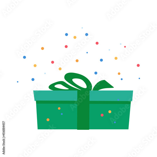 Bright festive green gift in flat style. Icon. Unexpected surprise in a colorful gift box. Vector isolated on white background for advertising gifts, design decoration, print, internet. Cartoon style.
