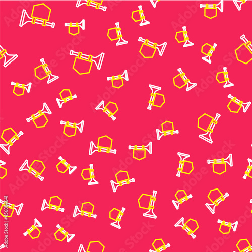 Line Trumpet with flag icon isolated seamless pattern on red background. Musical instrument trumpet. Vector