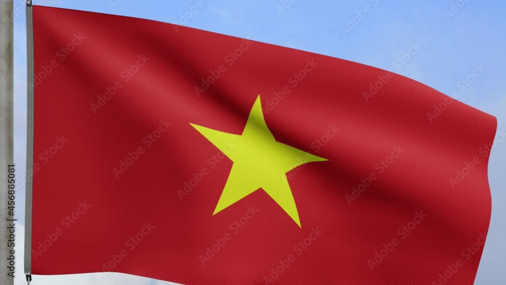 3D, Vietnamese flag waving on wind with blue sky and clouds. Close up of Vietnam banner blowing, soft and smooth silk. Cloth fabric texture ensign background.-Dan 3D, Vietnamese flag waving on wind with blue sky and clouds. Close up of Vietnam banner blowing, soft and smooth silk. Cloth fabric texture ensign background.-Dan