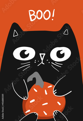Happy Halloween greeting card with black cat character and pumpkin, vector illustration