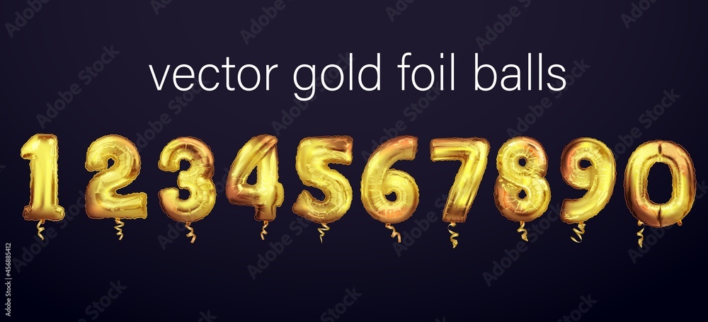 Golden Number Balloons 0 to 9. Foil and latex balloons. Helium ballons. Party, birthday, celebrate anniversary and wedding. Set of 0,1,2,3,4,5,6,7,8,9 numbers of gold foil balloons.