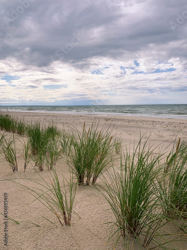 White sand dunes with some grass and seascape background