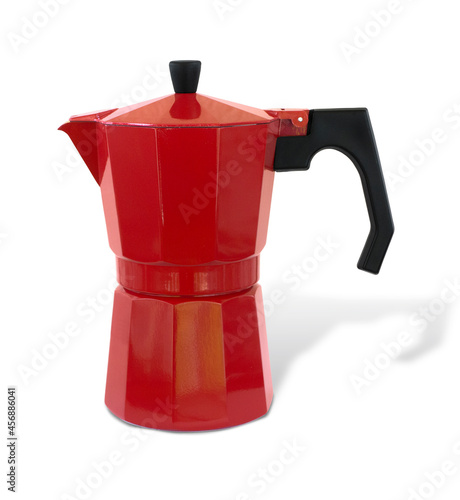 Red metal moka coffee pot isolated on white background
