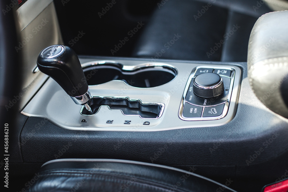 manual gearbox in car, test drive of new automobile, closeup