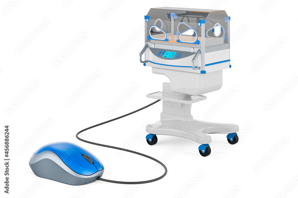 Neonatal incubator with computer mouse. 3D rendering Neonatal incubator with computer mouse. 3D rendering