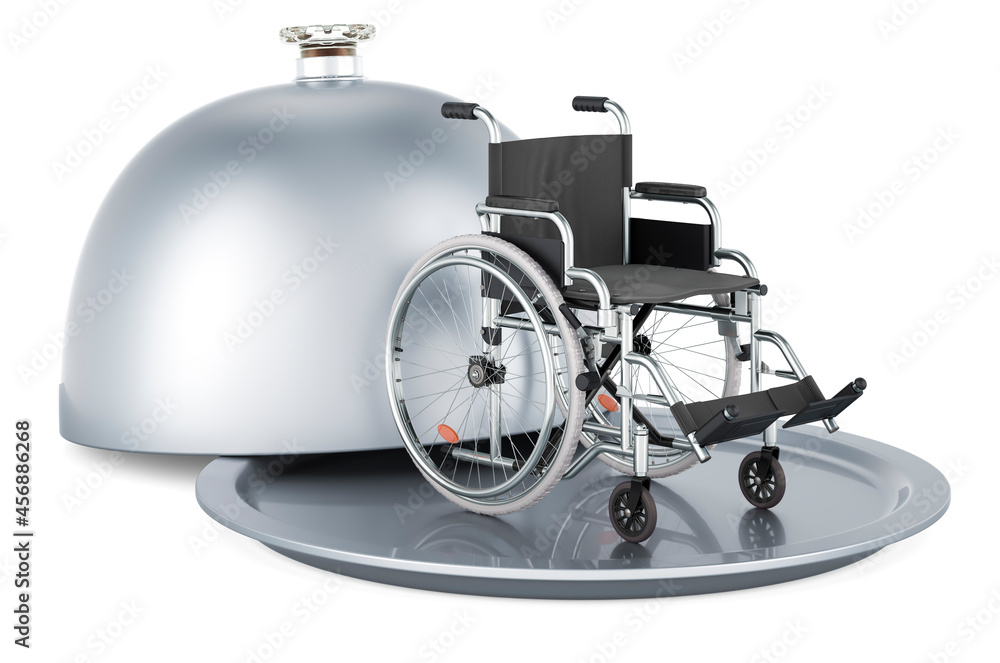 Restaurant cloche with manual wheelchair, 3D rendering Restaurant cloche with manual wheelchair, 3D rendering