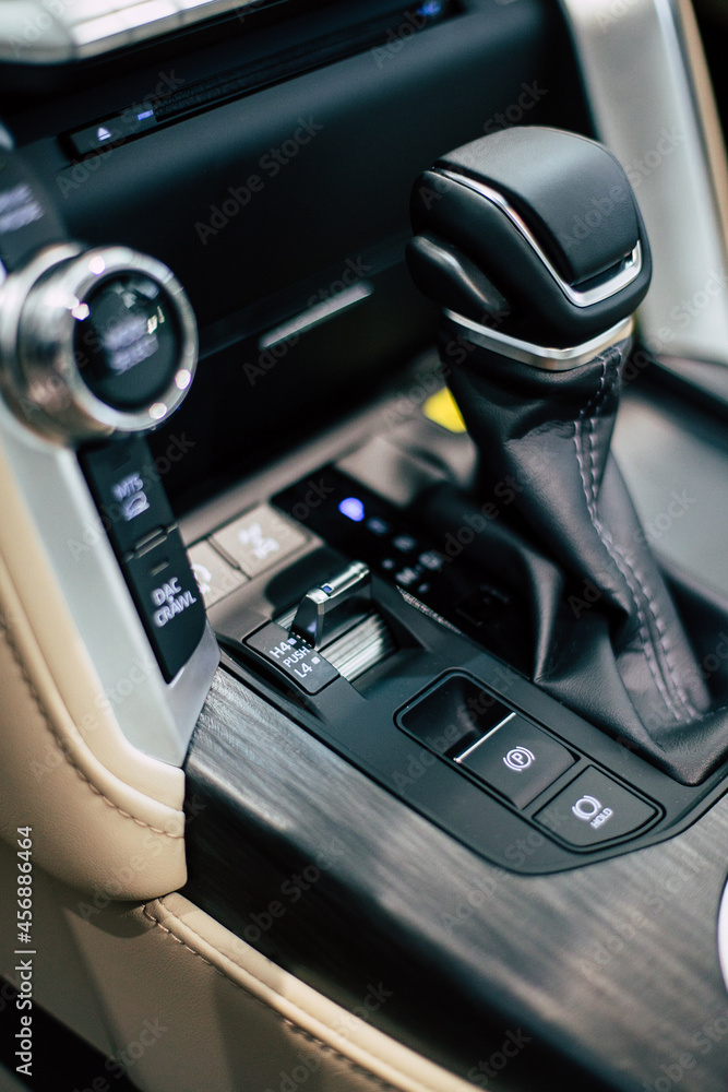 manual gearbox in car, test drive of new automobile, closeup