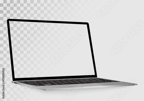 Laptop in angled position with blank screen isolated on transparent background- mockup template