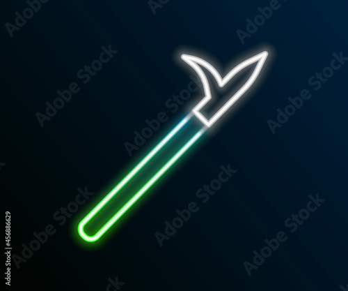 Glowing neon line Metal pike pole with wooden handle icon isolated on black background. Spear, pickaxe, hook hand extinguishing instrument and tool for fireman. Colorful outline concept. Vector