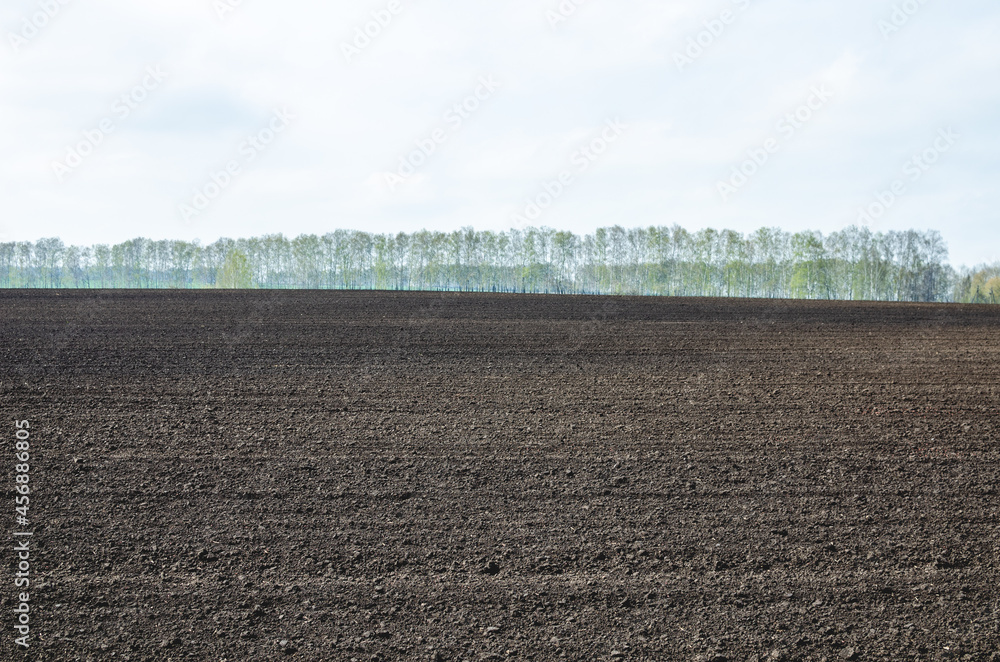 Agricultural land. The tractor has finished harrowing the ground. Spring landscape