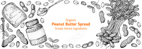 Peanuts and ingredient for peanut butter sketch. Breakfast for energy. Hand drawn vector illustration. Design template. Vegan food. Peanut nut butter set.