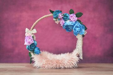 Newborn digital backdrop with wreath with flowers on burgundy red background