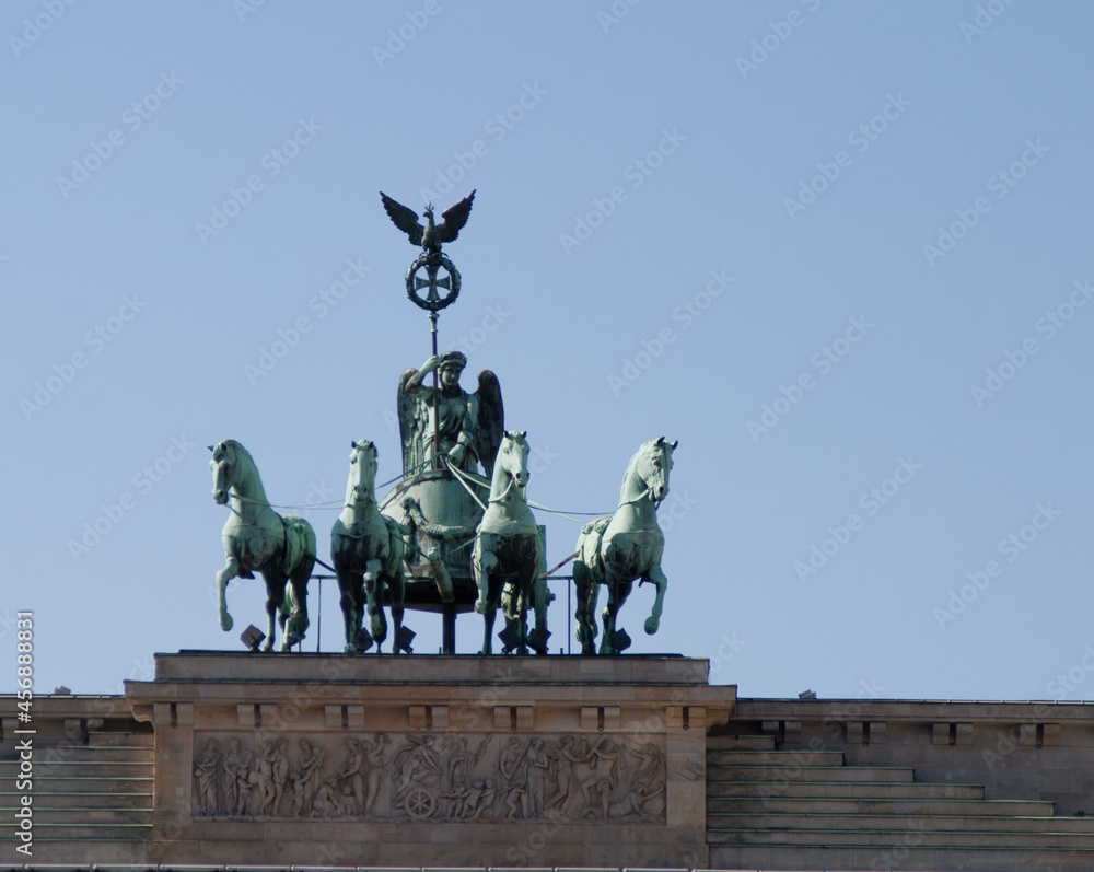 Close-up of the angel and chariot bronze statue on top of the Brandenburg Gate in Berlin