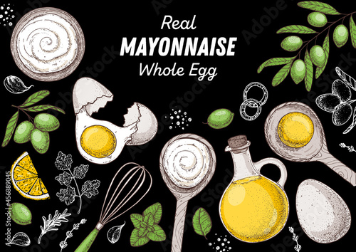 Mayonnaise sauce cooking and ingredients, hand drawn vector illustration. Homemade mayonnaise sauce, design elements. Hand drawn, package design.