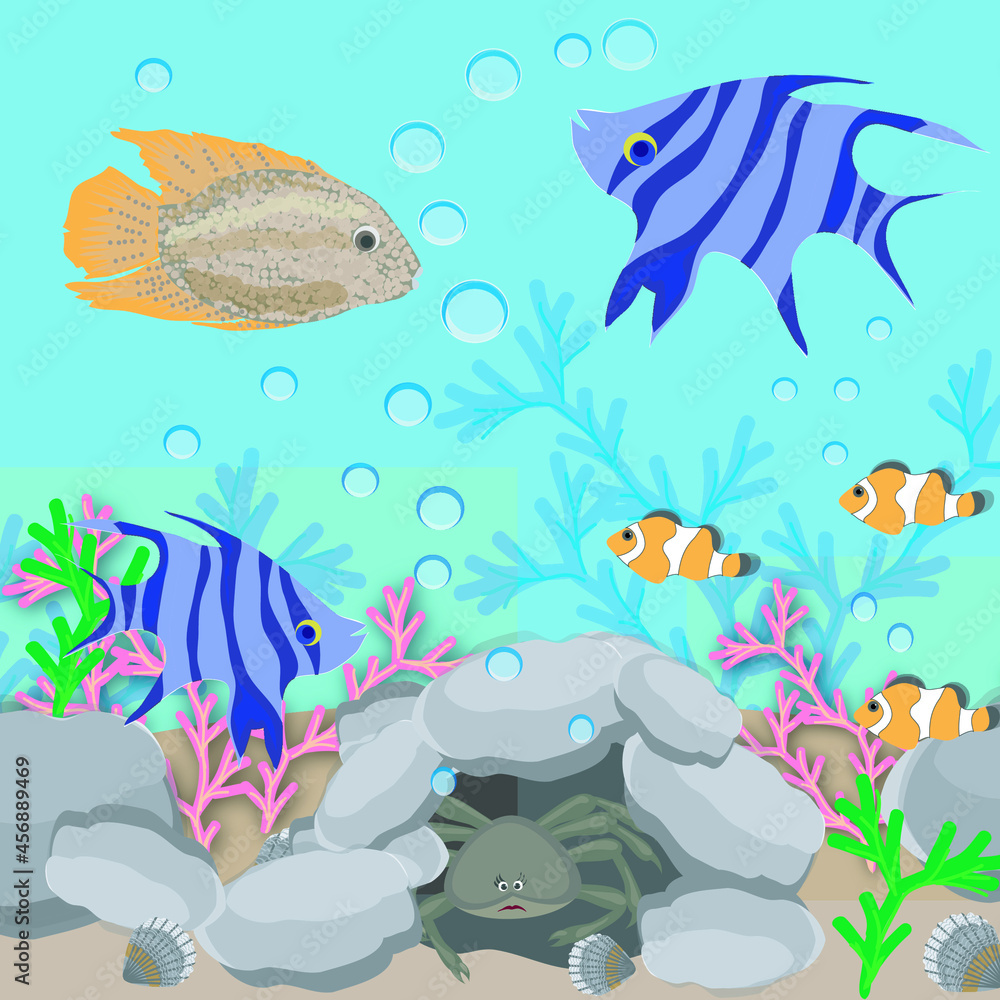 Underwater landscape: crab and fish in the water, algae, stones. Illustration 