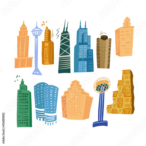 Set of skyscraper icons. Symbols of city, megapolis buildings full color vector illustrations.