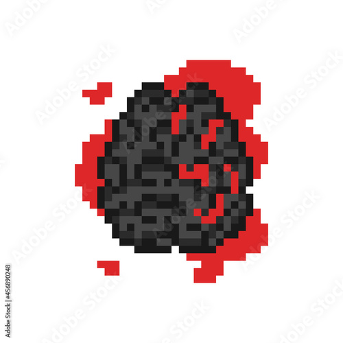 Pixel art bloody dark brain. Splatter pixel black brain and pool of blood. Decorative vector illustration for halloween and gamer design. Pixel shattered brains
