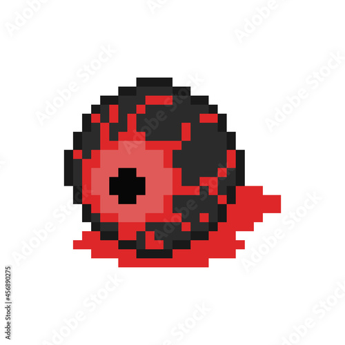 Pixel art evil devil eye. Torn out eye in retro 8 bit pixel style illustration. Vector creepy demon black pixel art eye with pool of red blood.
