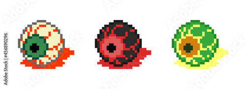 Pixel art bloody eye set. Torn out eye in retro 8 bit pixel style illustration for halloween decoration. Vector creepy pixel art eye with pool of red blood. White, black and green colors
