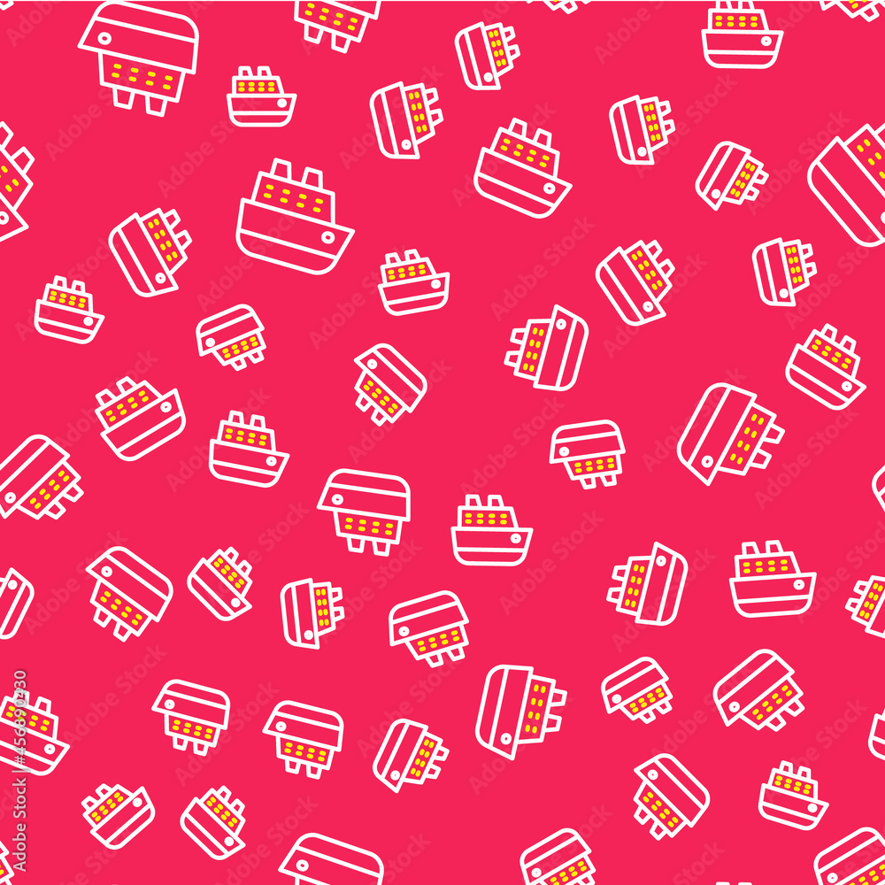 Line Cruise ship icon isolated seamless pattern on red background. Travel tourism nautical transport. Voyage passenger ship, cruise liner. Worldwide cruise. Vector Line Cruise ship icon isolated seamless pattern on red background. Travel tourism nautical transport. Voyage passenger ship, cruise liner. Worldwide cruise. Vector