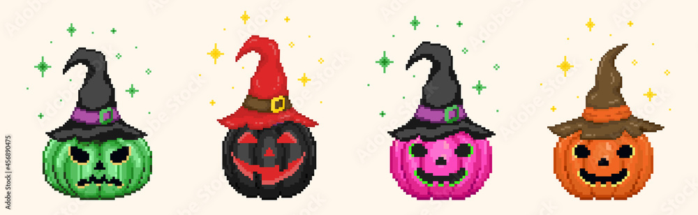 Pixel art jack wizards collection. Halloween decoration in retro 8 bit pixel gamer style. Fancy colorful pumpkin witches and mages set in pixelated  vintage style. Vector green, black, pink, orange pu