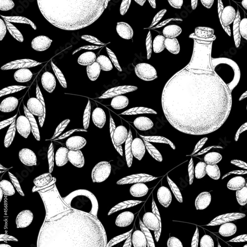 Olive branch, oil jug sketch. Seamless pattern. Hand drawn vector illustration. Design template. Healthy food illustration. Olive oil pattern.