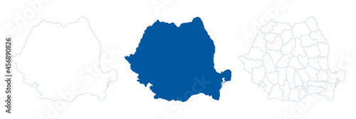Romania map vector. High detailed vector outline, blue silhouette and administrative divisions map of Romania. All isolated on white background. Template for website, design, cover, infographics