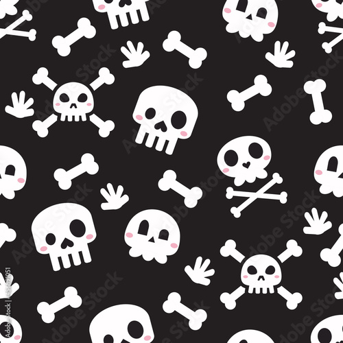 Cute skeleton head and bones seamless pattern. Flat vector cartoon design