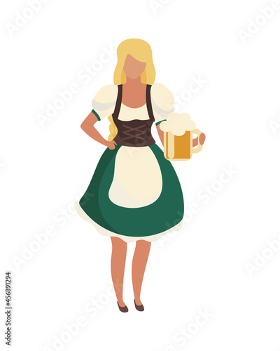 Waitress wearing traditional bavarian costume semi flat color vector character. Full body person on white. Girl in dirndl isolated modern cartoon style illustration for graphic design and animation