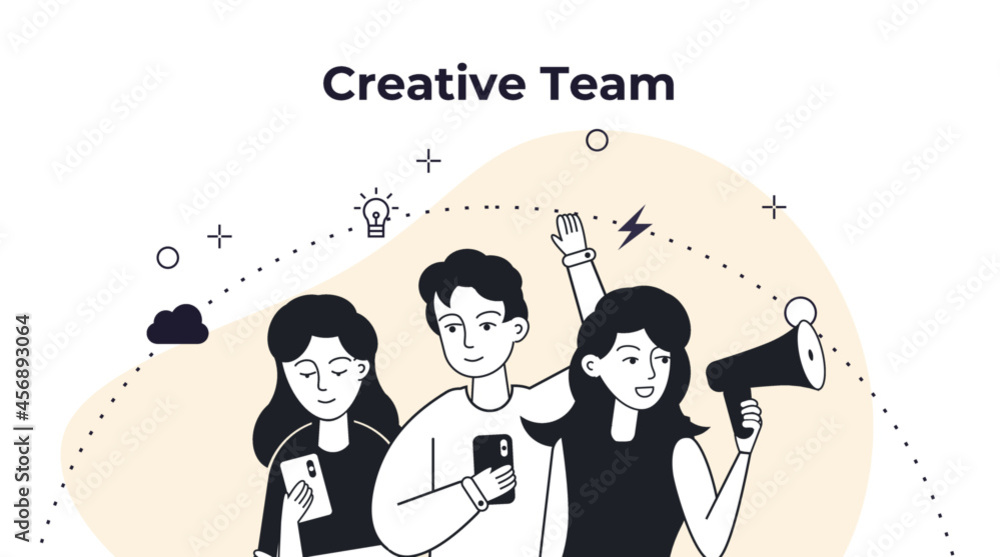 Obraz premium Business team gathered around leader with creative idea. Designer, web developer, pr and marketing specialists teamwork. Thin line art icons collage. Linear vector illustration.