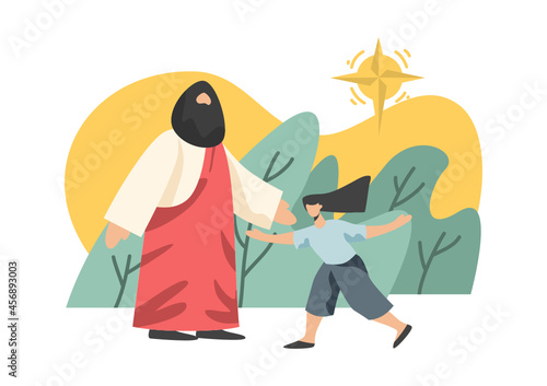 Cartoon drawings of Jesus with people in different ways. religious concept It is a vector image or illustration that can be used for design and media.