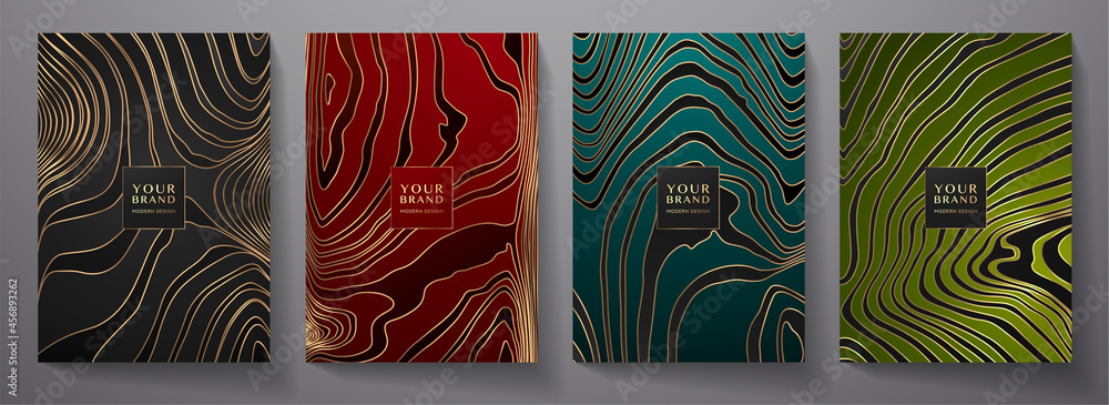Modern elegant cover design set. Luxury fashionable background with gold line pattern in black, red, green color. Elite premium vector template for menu, brochure, flyer layout, presentation - obrazy, fototapety, plakaty 