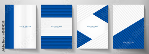 Contemporary blue and white cover design set. Dynamic line pattern (geometric stripe). Vector background for cover notebook, vertical business page, menu template