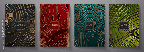 Modern elegant cover design set. Luxury fashionable background with gold line pattern in black, red, green color. Elite premium vector template for menu, brochure, flyer layout, presentation