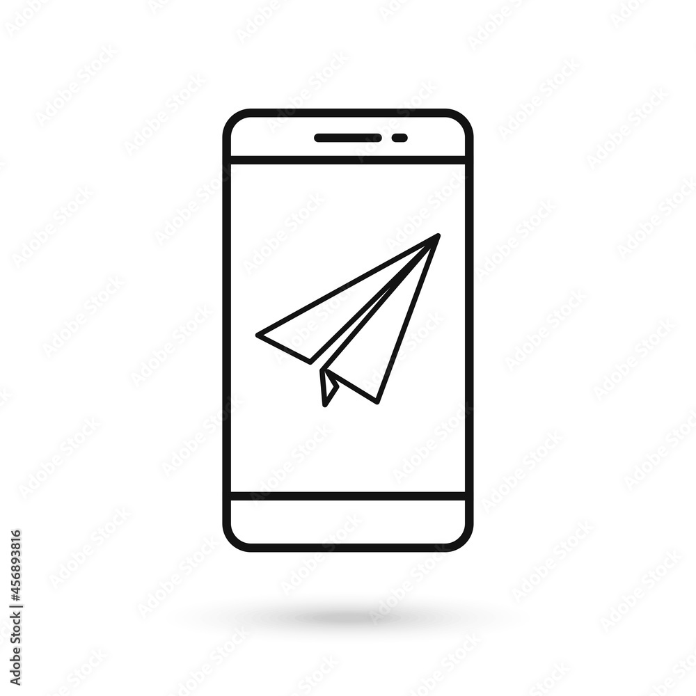 Mobile phone flat design icon with paper airplane symbol Mobile phone flat design icon with paper airplane symbol